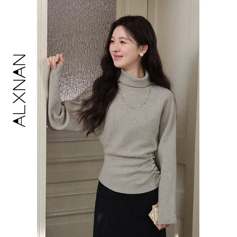 

ALXNAN Oatmeal Turtleneck Sweater for Women New Fall 2025 Pleated Waist Knit Pullover Basic Casual Long Sleeve Top Female L58850