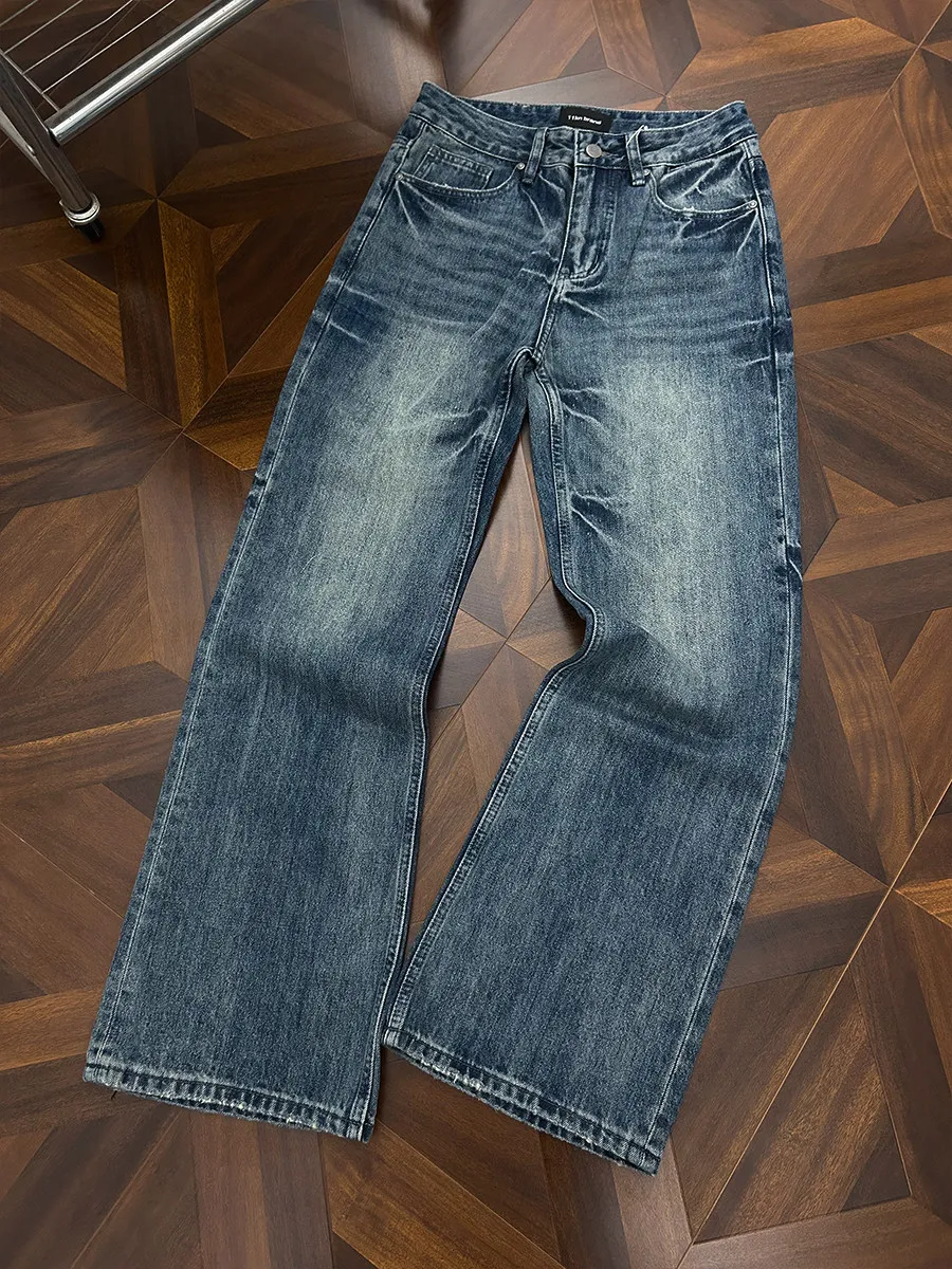 American High Street Retro Straight Leg  Blue Jeans Men Women a Line Washed Slimming Stretch Casual Long Trousers
