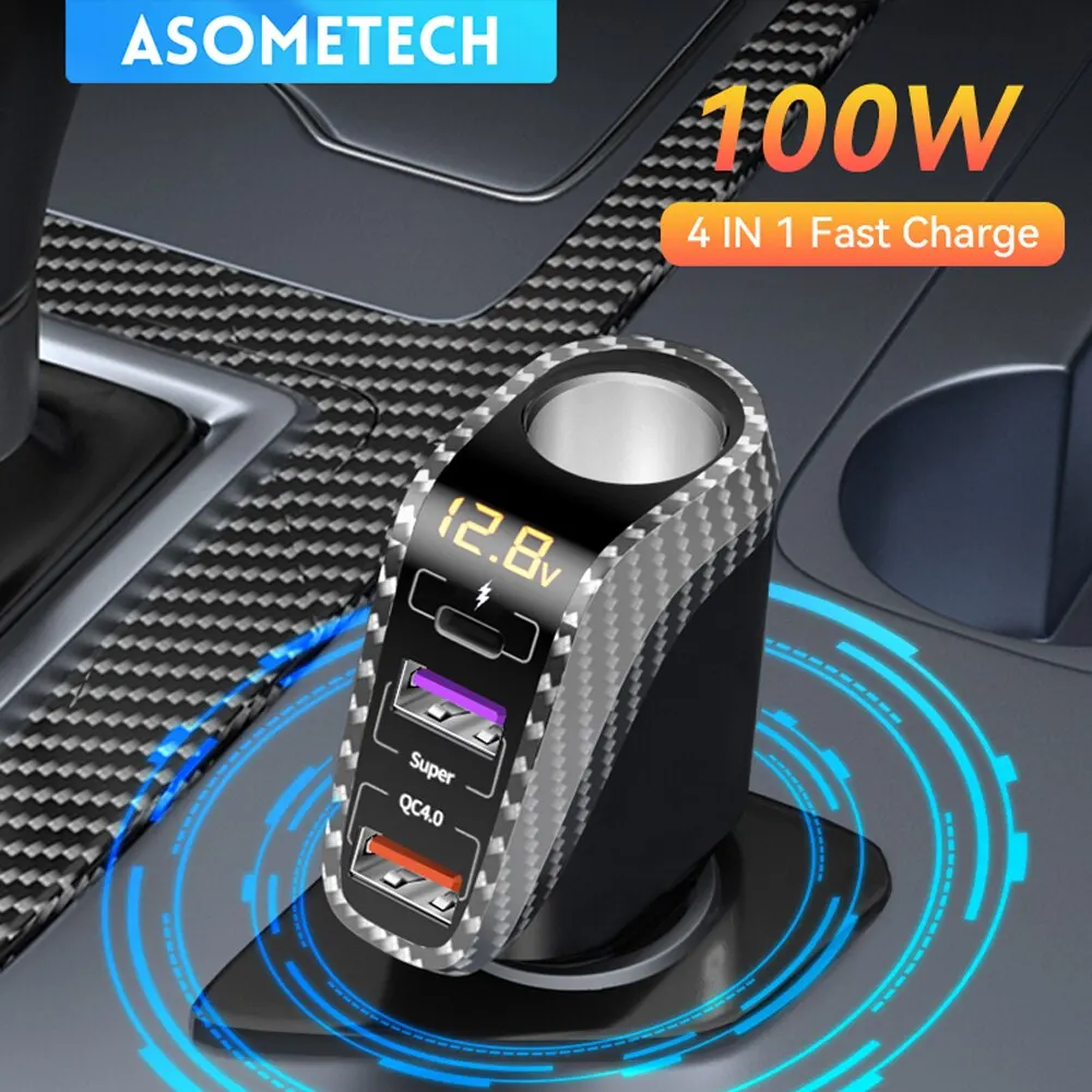 ASOMETECH USB Car Charger With 90W Cigarette Lighter Expansion Port PD SCP FCP Quick Charge For iPhone Samsung Huawei