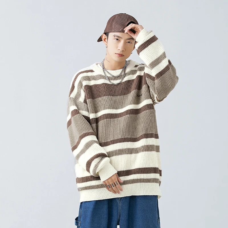 Autumn Winter Men Sweaters Stripe Embroidery Knitting Pullover Korean Fashion Streetwear Men's Clothing 2024 NEW Sweater Male