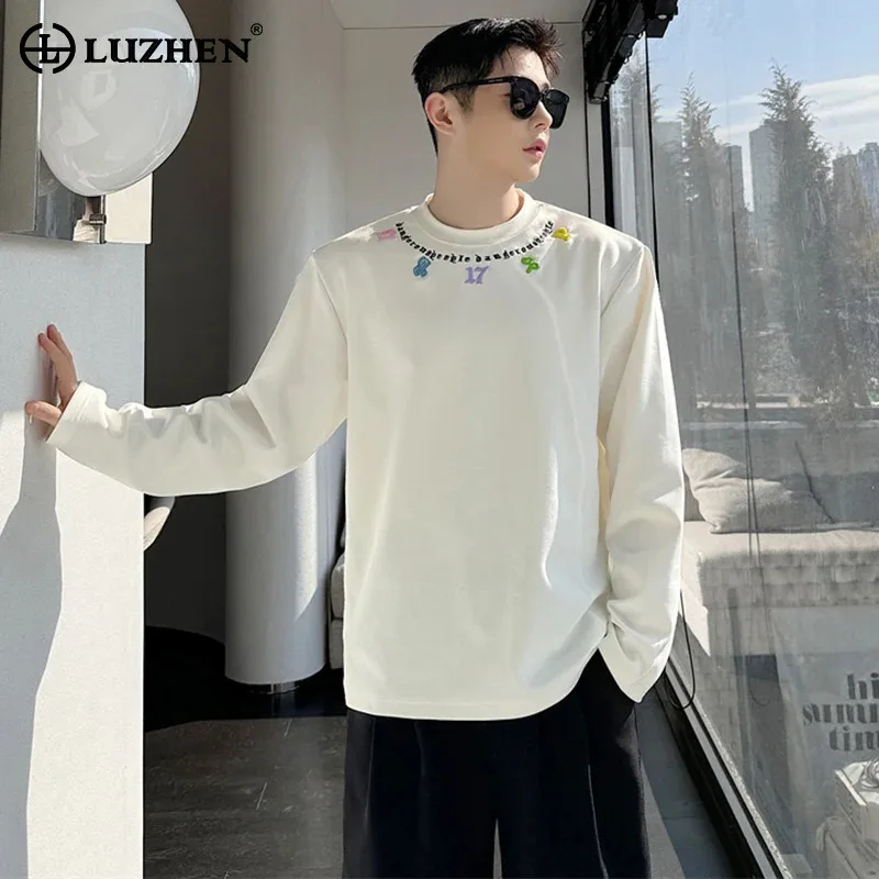 LUZHEN 2025 Spring Letter Embroidery Design Long Sleeve T-shirts Men's Fashion Elegant Temperament Round Neck Casual Tops LZ8539