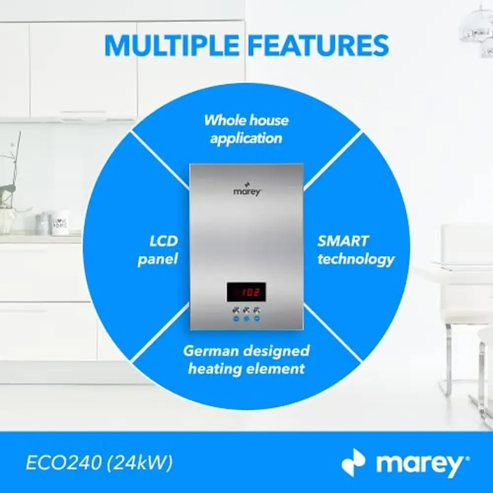 Compact ECO240 Electric Tankless Water Heater LCD Control Panel Home Office Smart Technology Unlimited Hot Water On Demand Safe