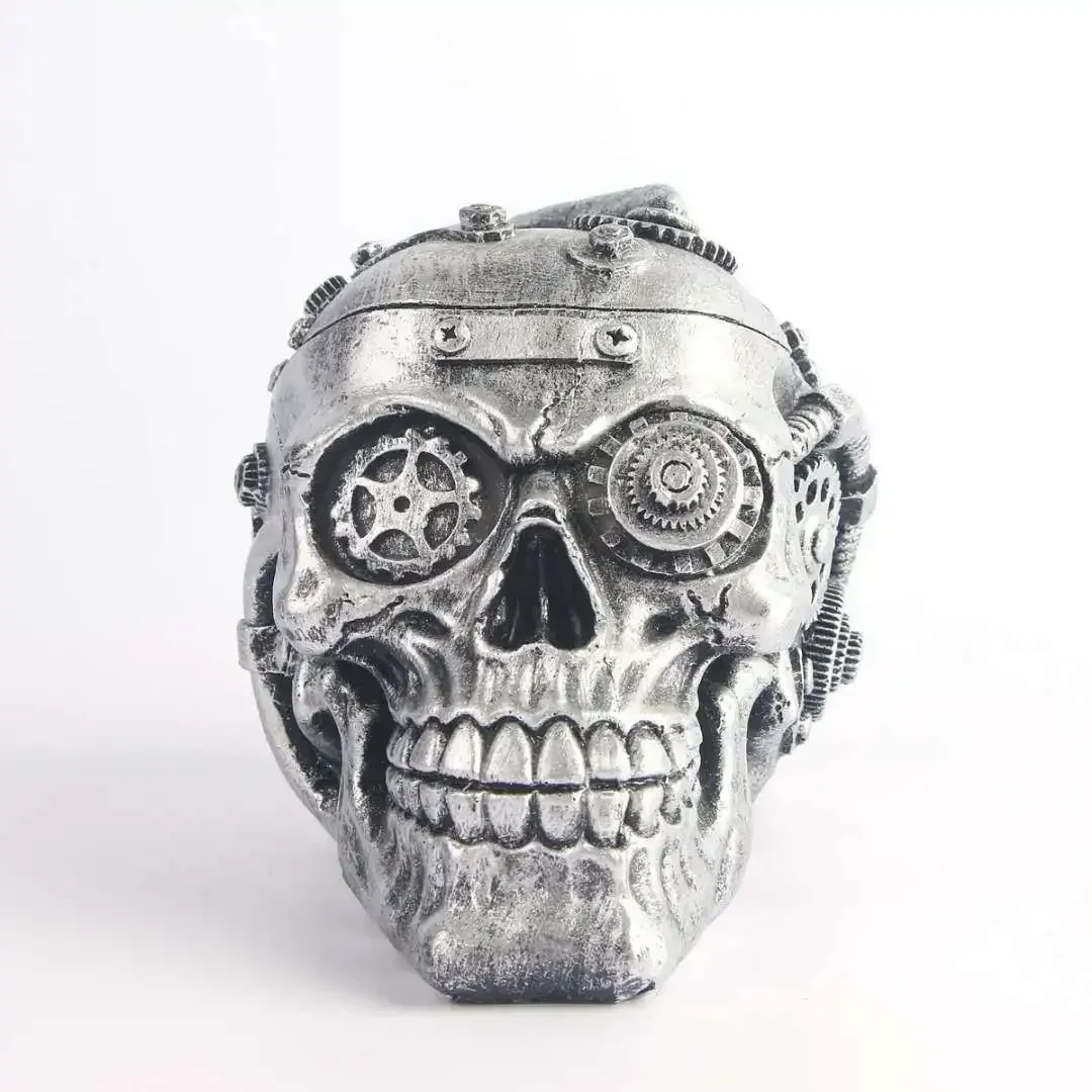 Silber mechanische Ausrüstung Schädel Statue Harz Handwerk Punk-Stil Home Dekoration Skulptur Halloween Party Dekor Ornamente Geschenke