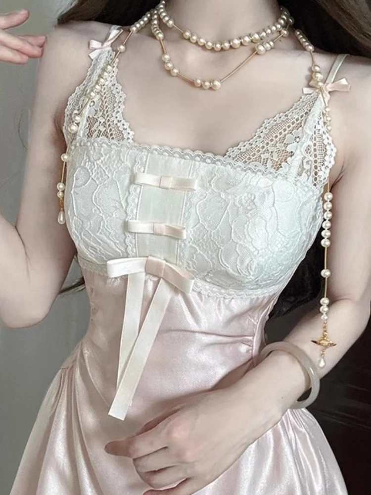 Fashion Retro Satin Mini Dress Women One-Piece Jacquard Floral Lace Bow Corset Cami Rompers Date Going Out Summer Clothes