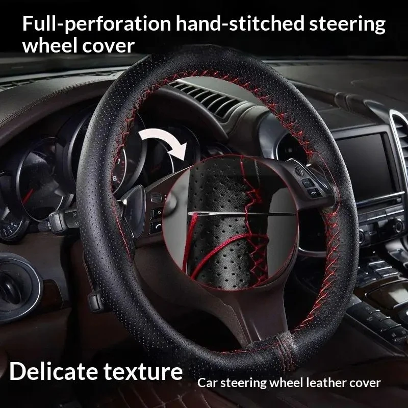 Hand Sewn Car Steering Wheel Protective Cover Leather Breathable Anti Slip Universal Suitable 38cm Elastic Band Texture Decor