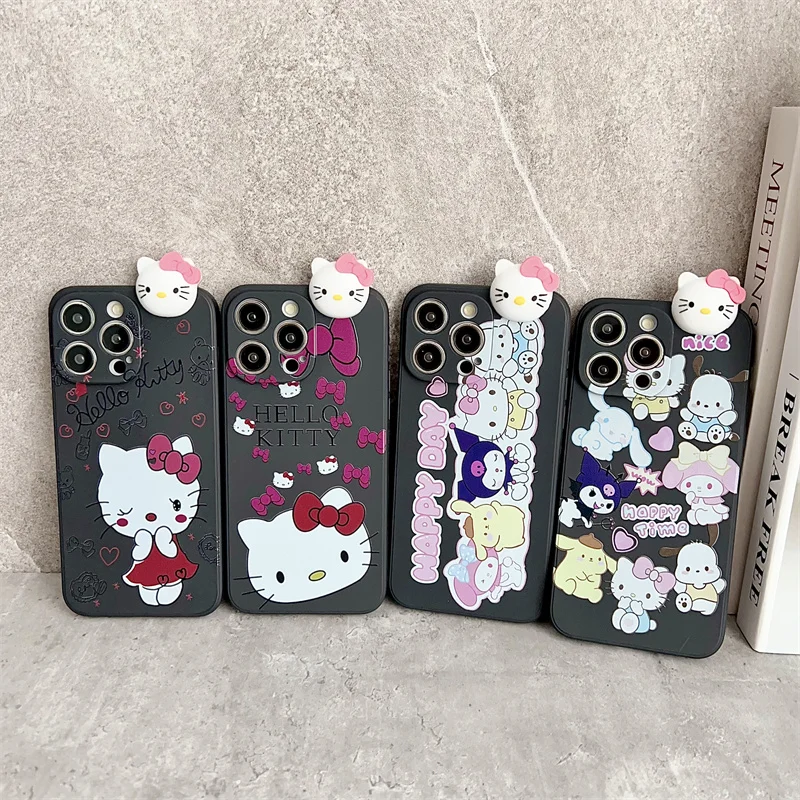 INS Sanrio Soft Phone Case with Holder Strap Rope My Melody Hello Kitty Cases For iPhone X Xs Max XR 11 12 13 14 15 Pro Max Plus