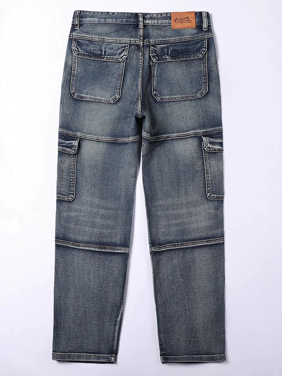 Weathered Washed Light-colored Heavy-duty Multi-pocket Work Pants For Men Loose Wide-leg Denim Pants Long Pants