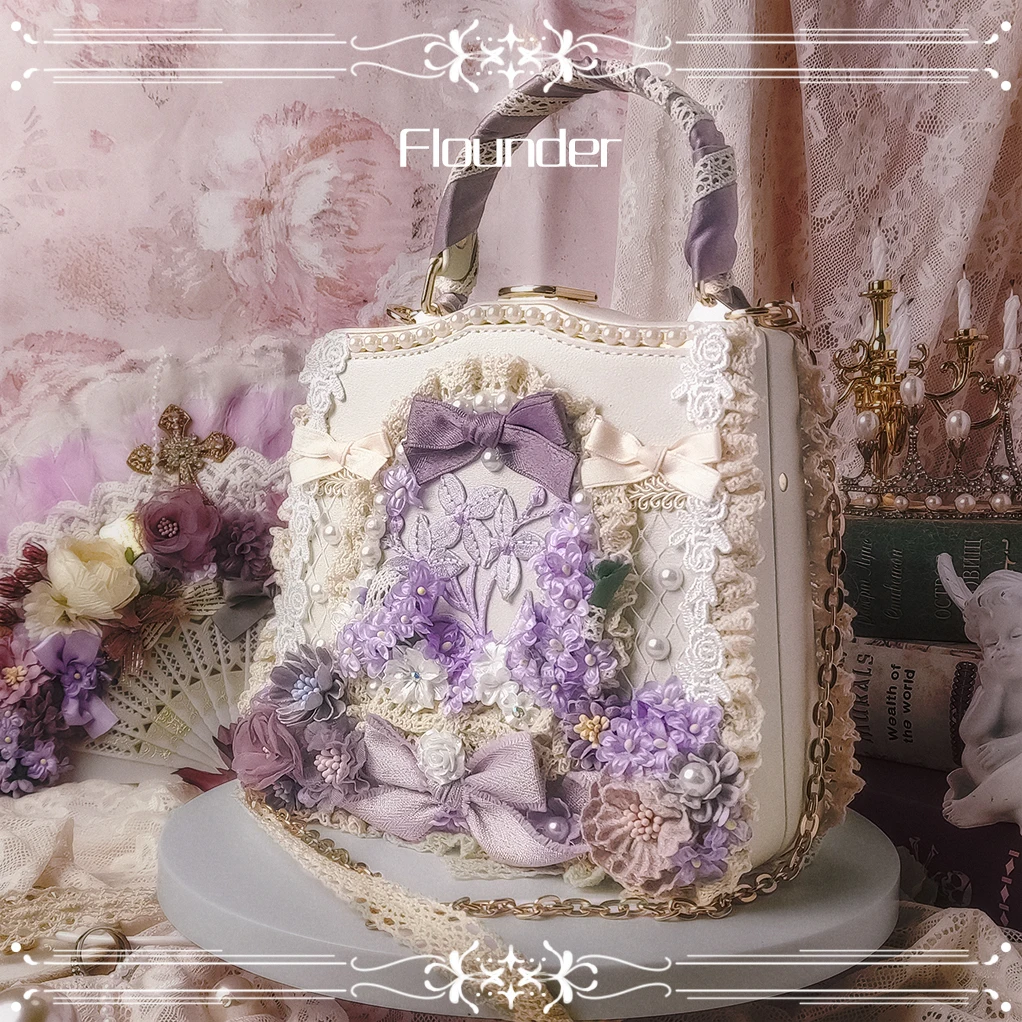 Women Girl Lolita Handbags Satchels Flowers Imitation Pearl Shoulder Bag Crossbody Chain Bags Luxury Lace Ribbon Purple Color