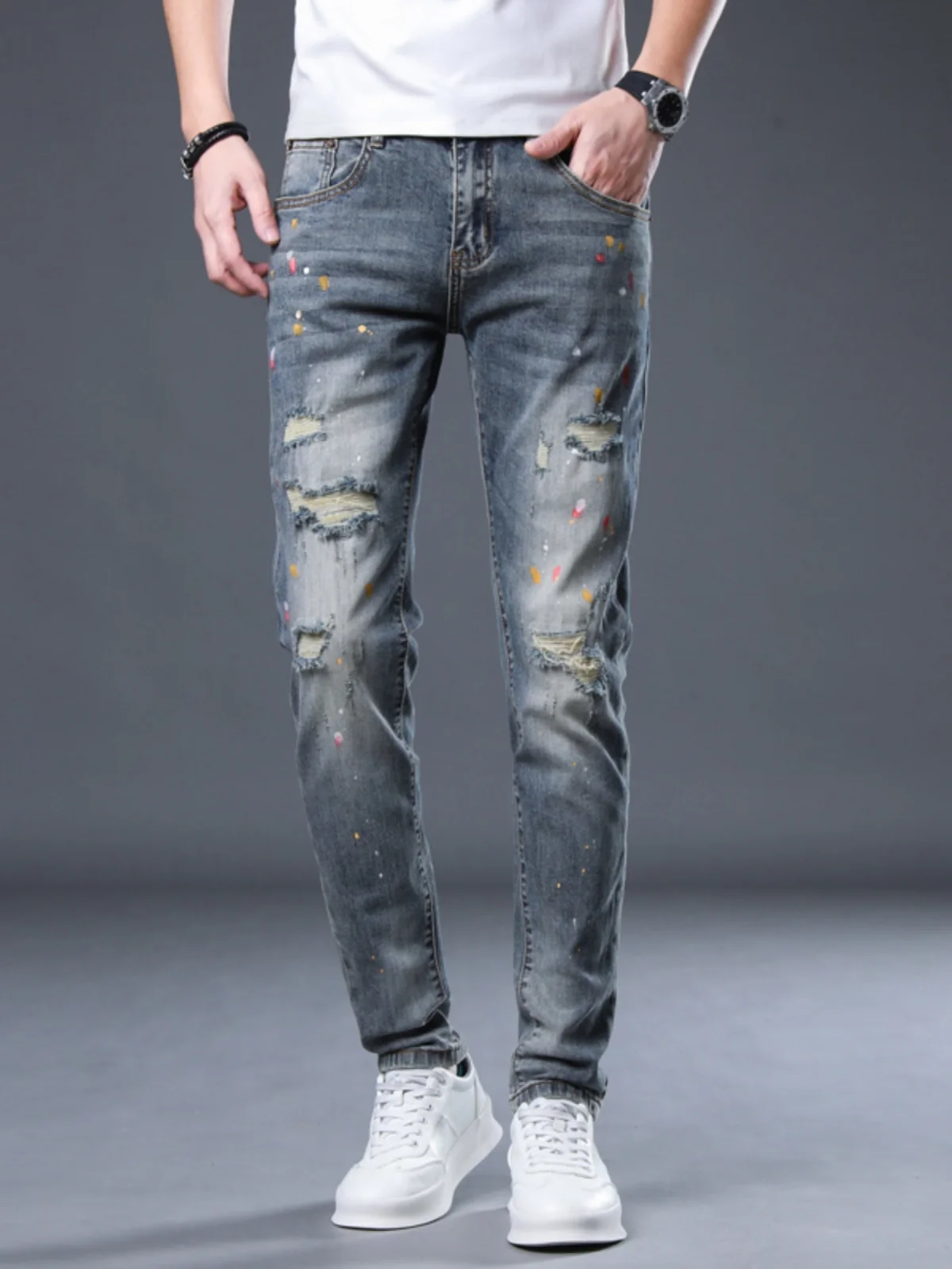 

Retro Splaed Ink Denim Jeans Men's Slim Fit Youth Korean Sle Elastic Trendy Spring Casual Autumn Long Pants