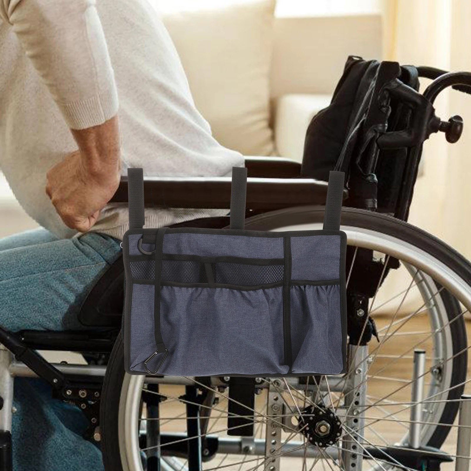 Gehhilfe-Tasche aus Oxford-Stoff, tragbarer Getränkehalter, Kinderwagen-Armlehnen-Organizer zum Aufhängen für Medikamente, Handy-Geldbörse, Gehhilfe-Tasche