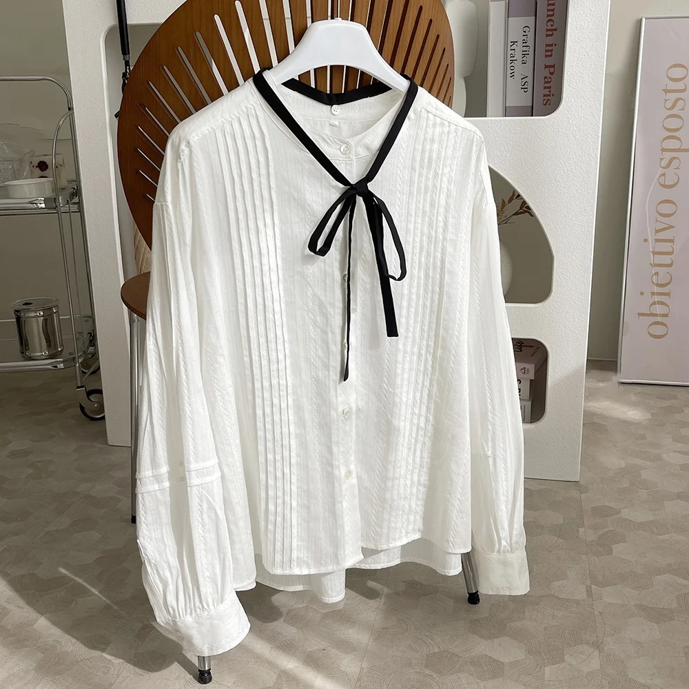 

Detachable Sa Pleated round Ne Commuter Versatile Slimming Top Small irt Korean Sle Long Sve Button Detail