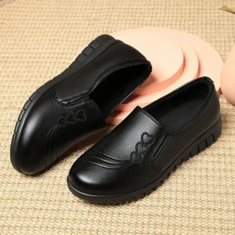 Comfortable Black Leather - Like Slip - on Shoes with Heart Embroidery - Ideal for Daily Wear, Soft & Stylish