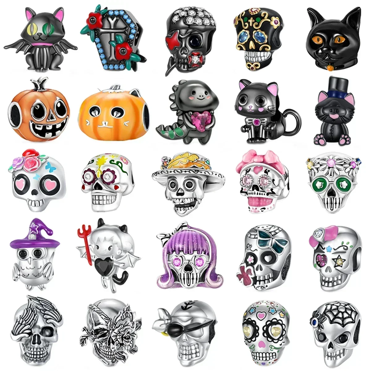 Original 925 Sterling Silver Halloween Gift Black Cat Spider Skull Pumpkin Ghost Beads Charms for Bracelet DIY Jewellery