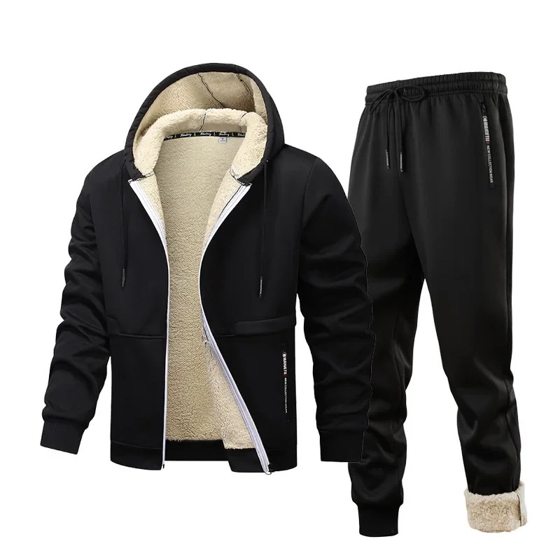 Men Autumn Winter Sports Hooded Tracksuits Lamb Velvet Thickened Casual Jacket+Trousers Warm Fleece-lined Heavyweight 2pcs Set