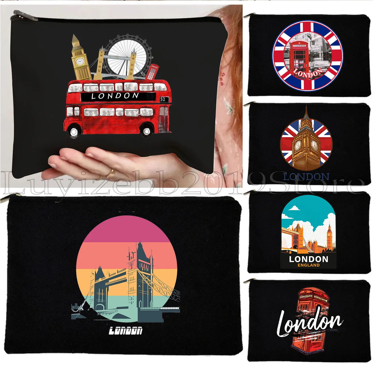 

London England Flag Map UK Bus Big Ben Bridge Phone Booth Gifts Canvas Cosmetic Bag Makeup Toilet Bag Pencil Case Zipper Pouch