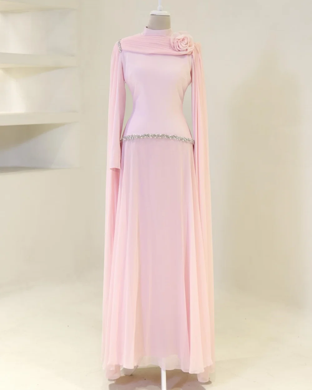 

Customized Elegant Women Chiffon Handmade Flower Rhinestone Straight Evening Dresses Formal High Collar Long Sleeves Party Gowns