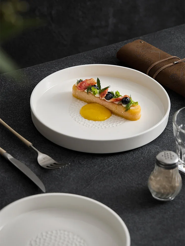 Creative Imitation Wood Grain Straight Edge Disc Household Plate White Hotel Tableware Ceramic Steak Plate Western Plate