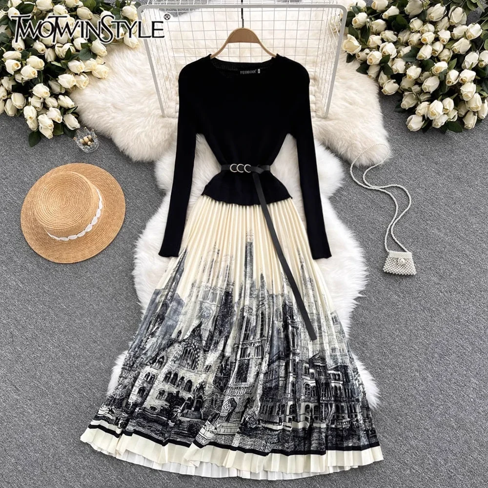 TWOTWINSTYLE New Hit Color Elegant Dress For Women O Neck Long Sleeve Patchwork Sashes Printted Casual Dress Female KDR524896