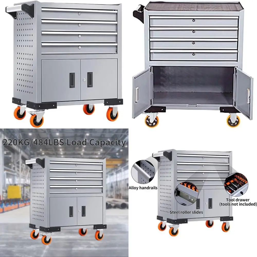 عربة أدوات دوارة ذات 4 أدراج شديدة التحمل - سعة 440 رطلًا، خزانة تخزين صناعية لورشة العمل، المرآب، ومساحات الإصلاح