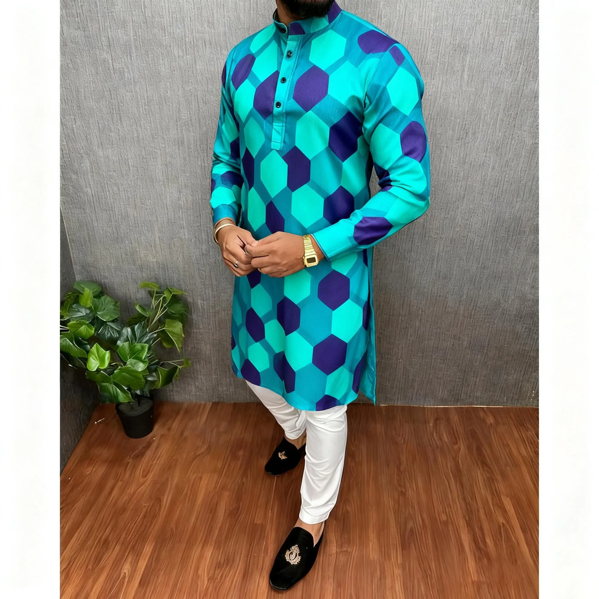 メンズゆったりムスリムシャツ 春 スタンドカラー カジュアルシャツ カフタン 長袖 メンズトーブ クルタ ロパ・アラベ カミサ・アラベ オムブレ