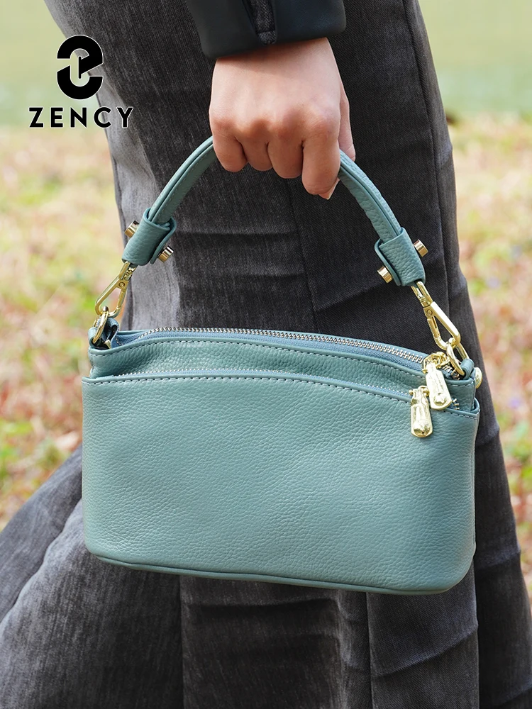 Zency Ladies Genuine Leather Bag Natural Leather Shoulder Crossbody Light Blue Black Small Purse Taro Pink Top Handle
