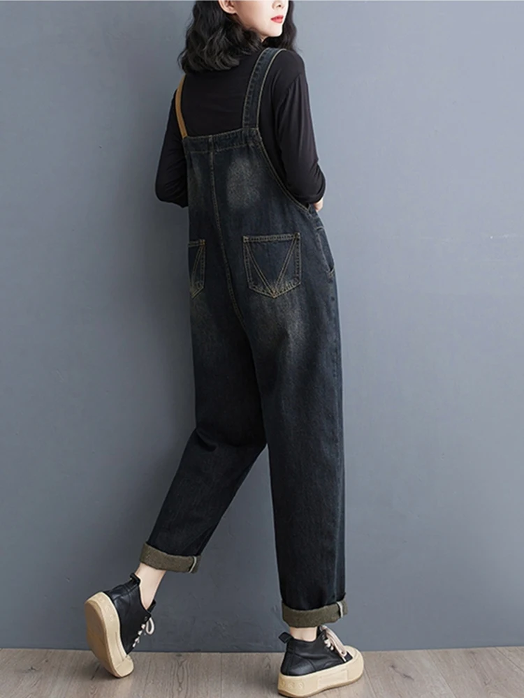 Vintage Oversized Mom Jeans Jumpsuit Women Casual Loose Wide Leg Bib Baggy Cargo Pants Patch Straps Denim Overalls Retro Rompers