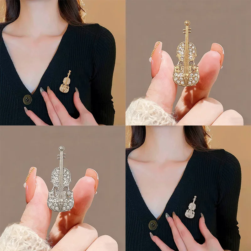 New Creative Full Rhinestone Violin Instrument Brooches For Women Trendy Water Diamond Pins Jewelry Gifts Party Office Accessory