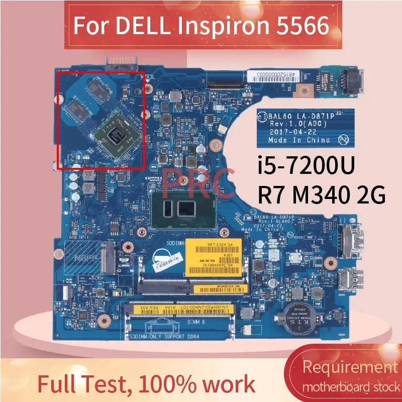 LA-D871P For DELL Inspiron 5566 Laptop Motherboard BAL60 CN-02PX9P 02PX9P 2PX9P 0DMD9K DMD9K 216-0864032 DDR4 Notebook Mainboard