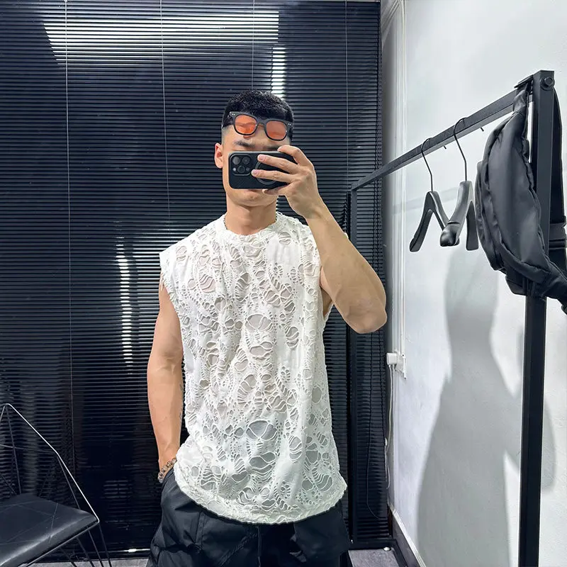 High Street Tees Summer Dark Style Design with Perforated Sleeveless T-shirt Men's Loose Casual Versatile Tshirts Casual Top