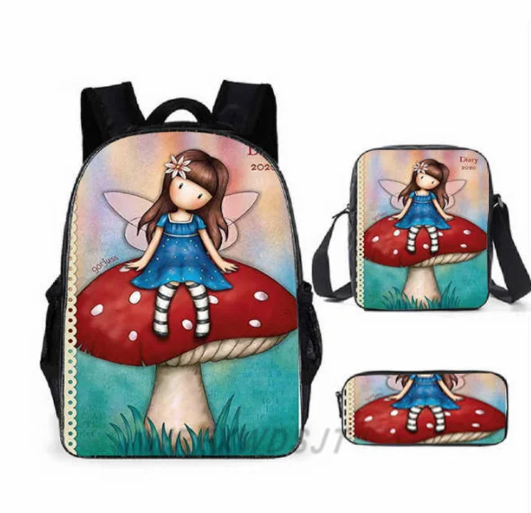 Harajuku novidade novo santoro gorjuss 3 pçs/set mochila impressão 3d escola estudante bookbag portátil daypack bolsa de ombro lápis caso