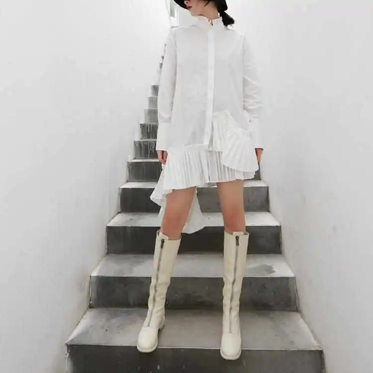 

Women's Long Sve White irt Stand Collar Hem Ruffle Design Cotton Blend Thin Warm Spring Faion Ladies' irt