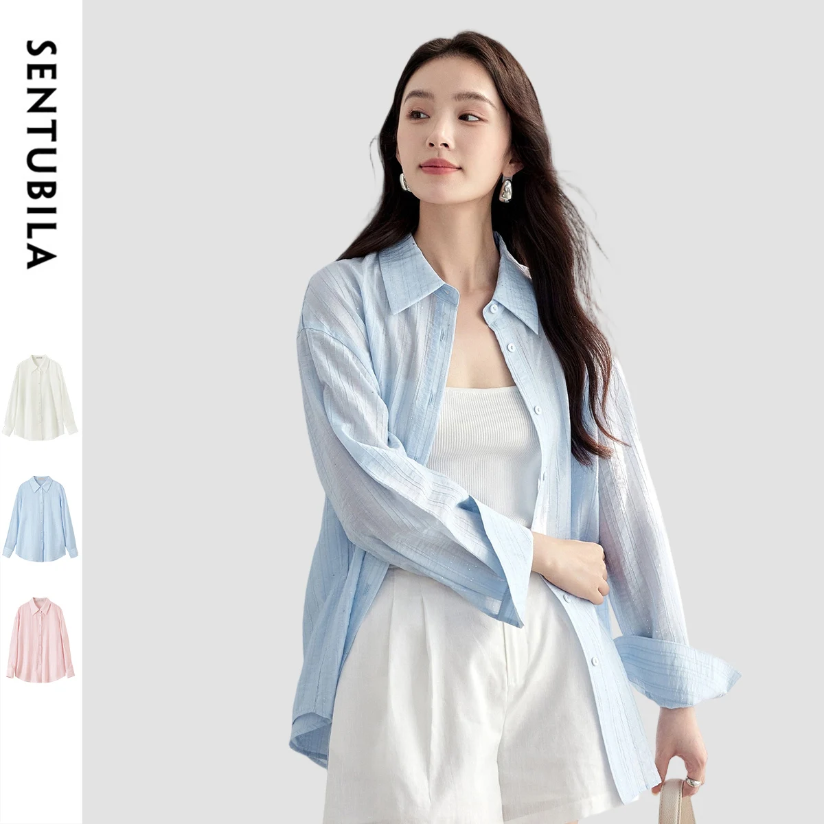 

SENTUBILA Women's Lyocell Sunscreen Shirt Summer 2025 Sequined Lazy Outerwear Blouse Loose Drape Breathable Thin Fabric151C57974