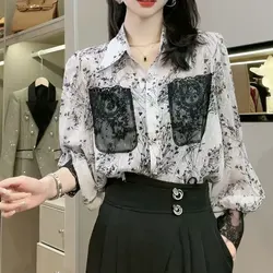 Female Clothing Stylish Polo-Neck Blouse Spring Autumn Elegant Sexy Lace Patchwork Casual Printed Single-breasted Straight Shirt