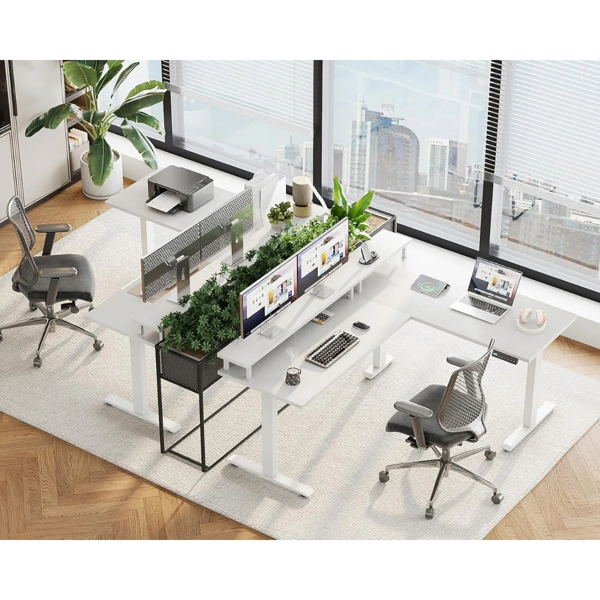 Electric L-Shaped Standing Desk, Height Adjustable Office Desk with Monitor Stand, Sit-Stand Desk with Power Outlets