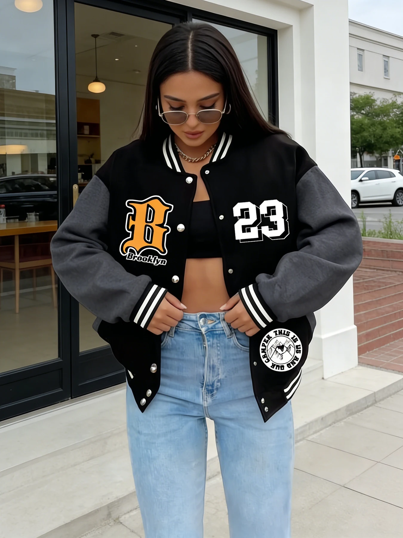 Women Oversize Baseball Jacket Brooklyn "B" 23 Number Print Casual Varsity Coat Fashion Streetwear Outerwear Trendy Loose Jacket