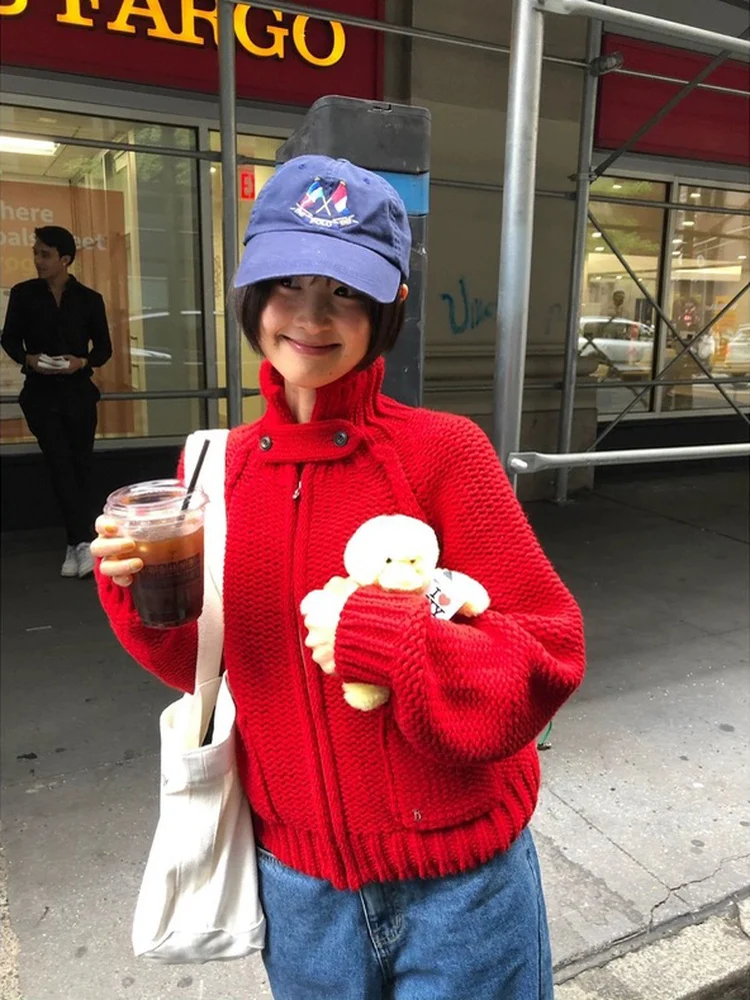 

Ladies Loose Knitted Woolen Cardigan Sweater Zipper Collar Comfortable Warm Autumn Wear Pure Color Commute Sle Online Exclu...