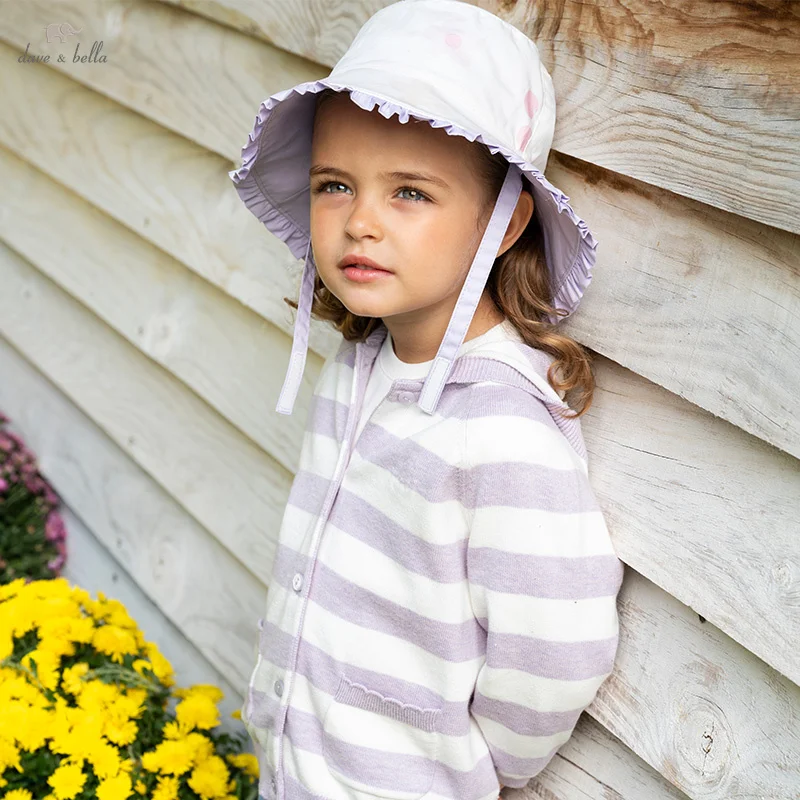 

Dave Bella 2025 Spring Girls' Knitted Sweater Cardigan Pure Cotton Casual Cute Purple Striped Baby Hooded Top Party DB1250500