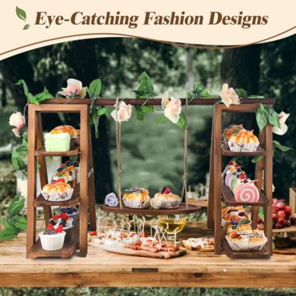 Wooden 3 Tier Cupcake Stand with Floral Swing Removable Trays Foldable Serving Platter for Party Dessert Buffet Display