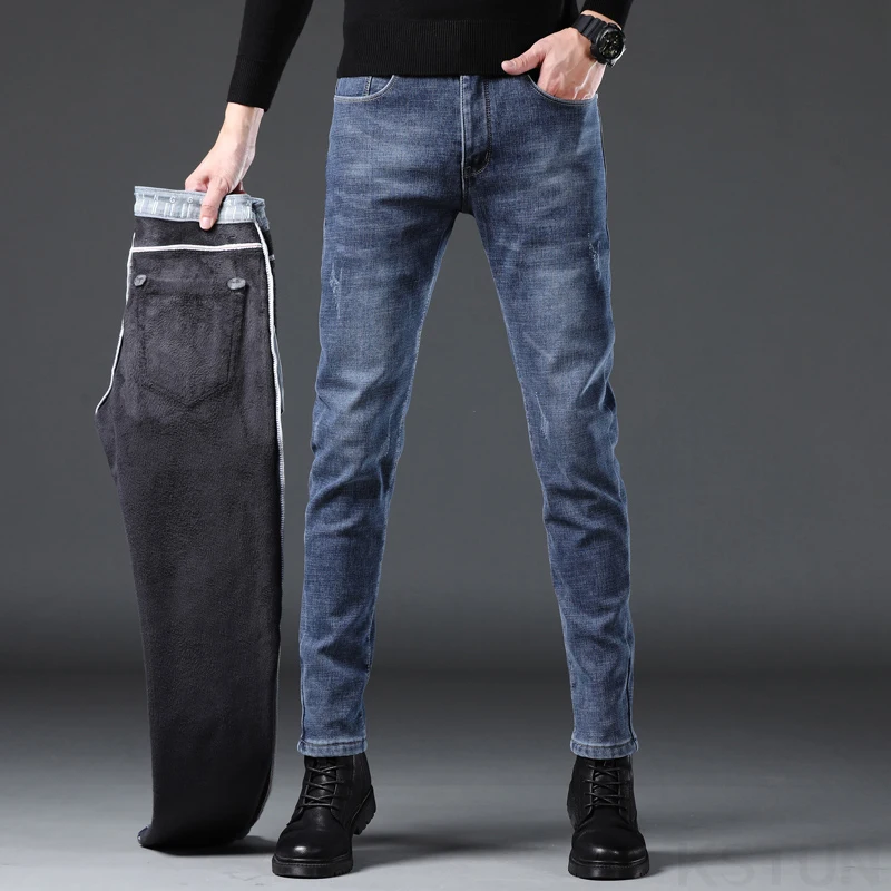 Celana Jeans Fleece KSTUN Pria Musim Dingin, Celana Denim Slim Fit Kasual Hangat, Celana Pensil Streetwear Musim Gugur Musim Dingin, Celana Skinny Biru