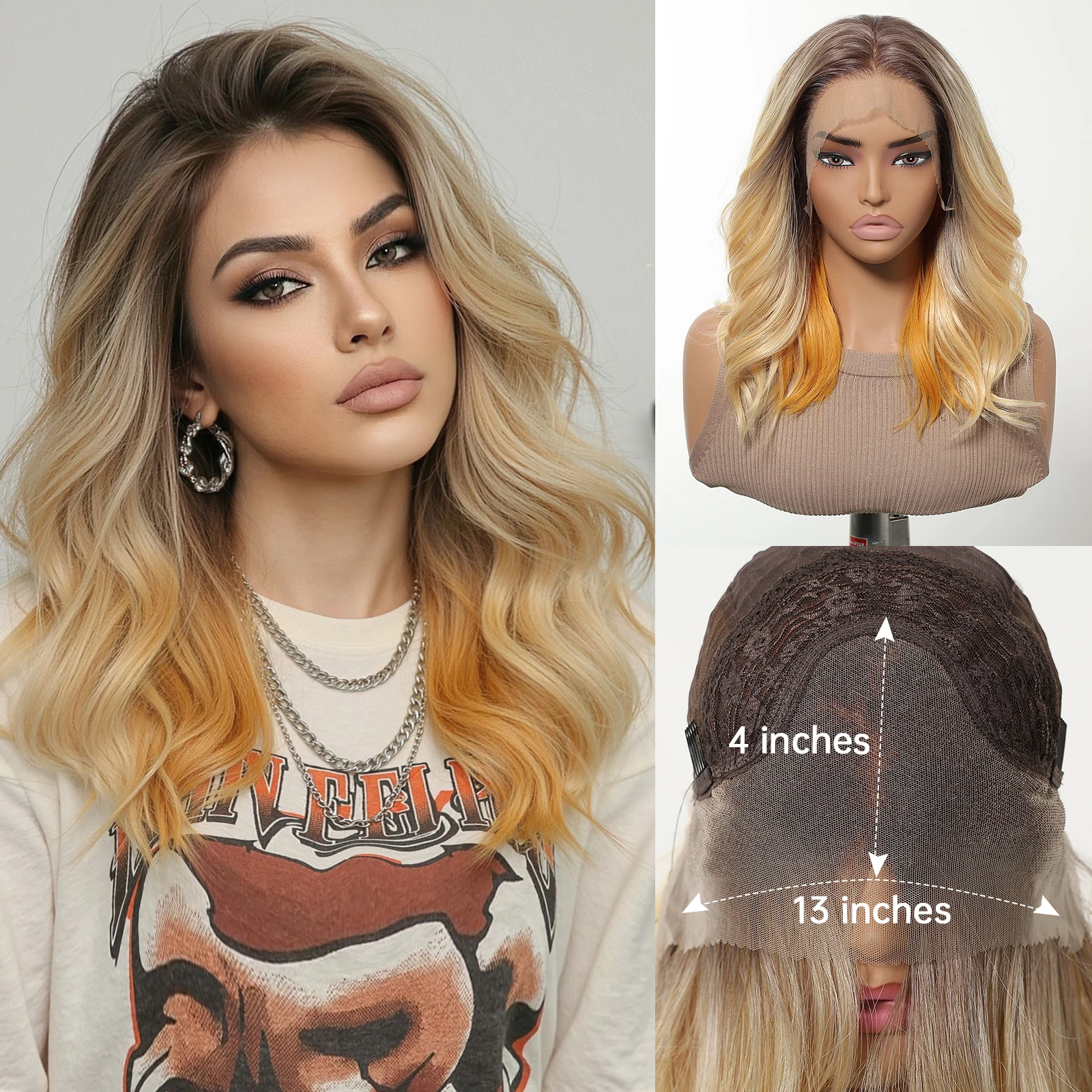 HENRY MARGU Dark Brown To Light Gold To Light Yellow Highlight Long Wavy Synthetic  13*4 Lace Natural Wig For Women Daily Use