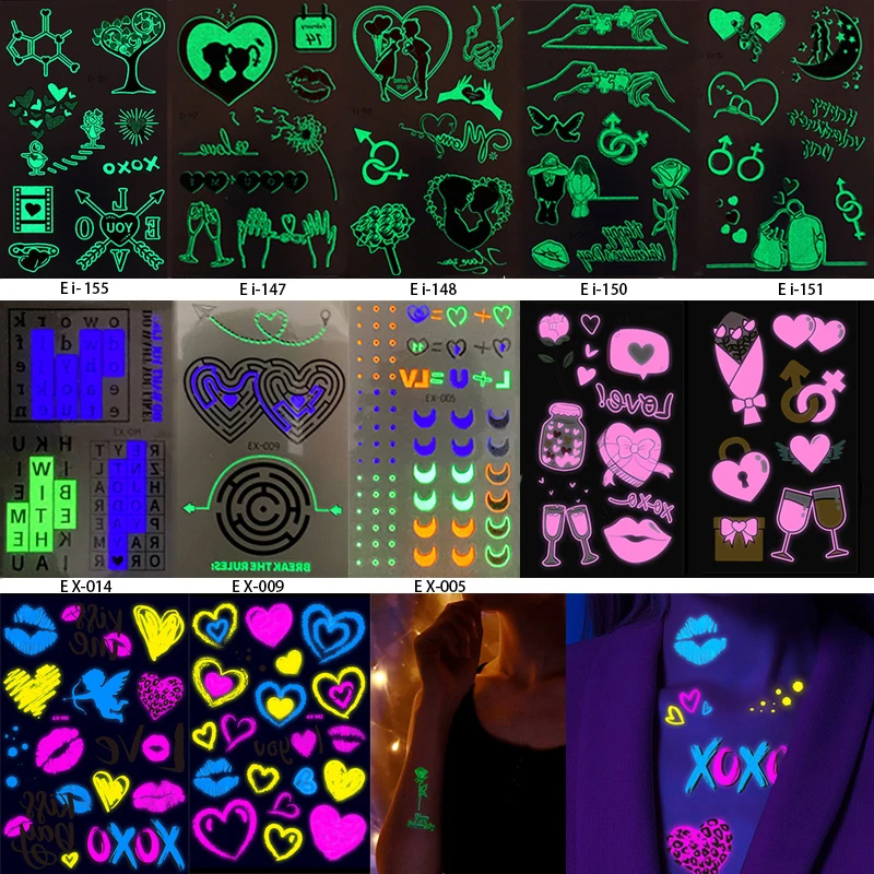 Luminous Love Heart Tattoo Stickers Temporary Sticker Arm False Tattoos Wedding Party Music Festival Night Bar Waterproof