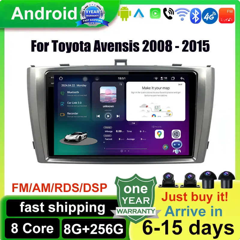 

Car Carplay Radio Multimedia Stereo Player WiFi GPS Navigation For Toyota Avensis 2008 - 2015 Android 14 Touch Screen