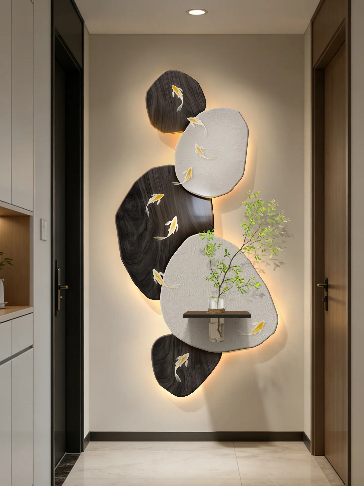 Stone running entrance decoration painting, ancient style, high-end feeling, LED light painting, hydroponic green plant hanging