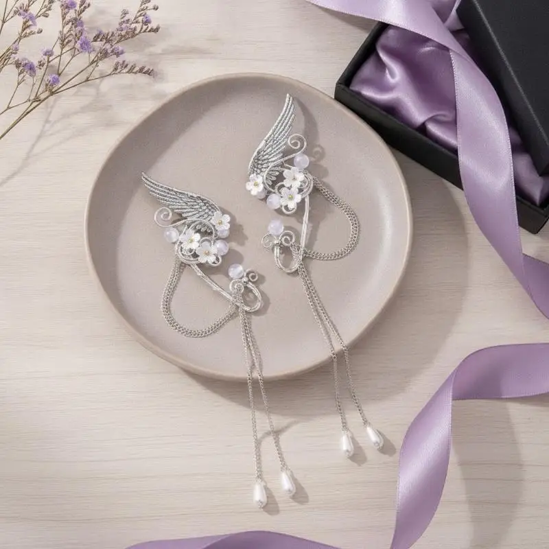 Left Ear Right Ear Sweet Alloy Elf Ear Clip Elf Ear Crystal Long Tassel Earrings Charm No Piercing Wings Ear Cuff Girls