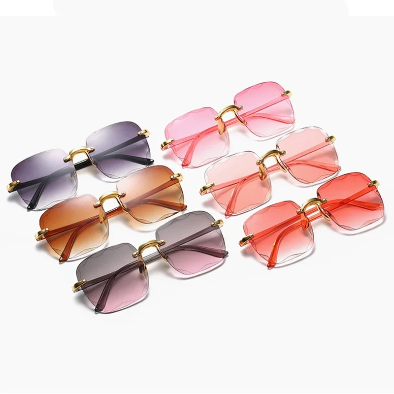 Lunettes de soleil sans bords pour femmes, verres dégradés, lunettes de soleil pour dames, vintage, jambes en alliage, nuances de créateurs