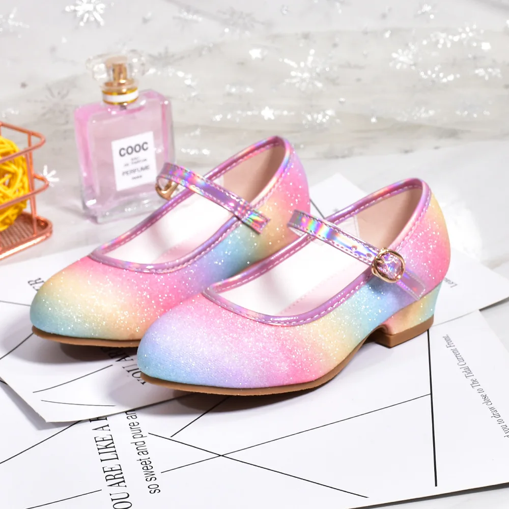 Girls Shoes 2023 New Rainbow Sequin High Heels for Children Dress Party Show Etiquette Little Kids Princess Piano Shoe Mary Jane