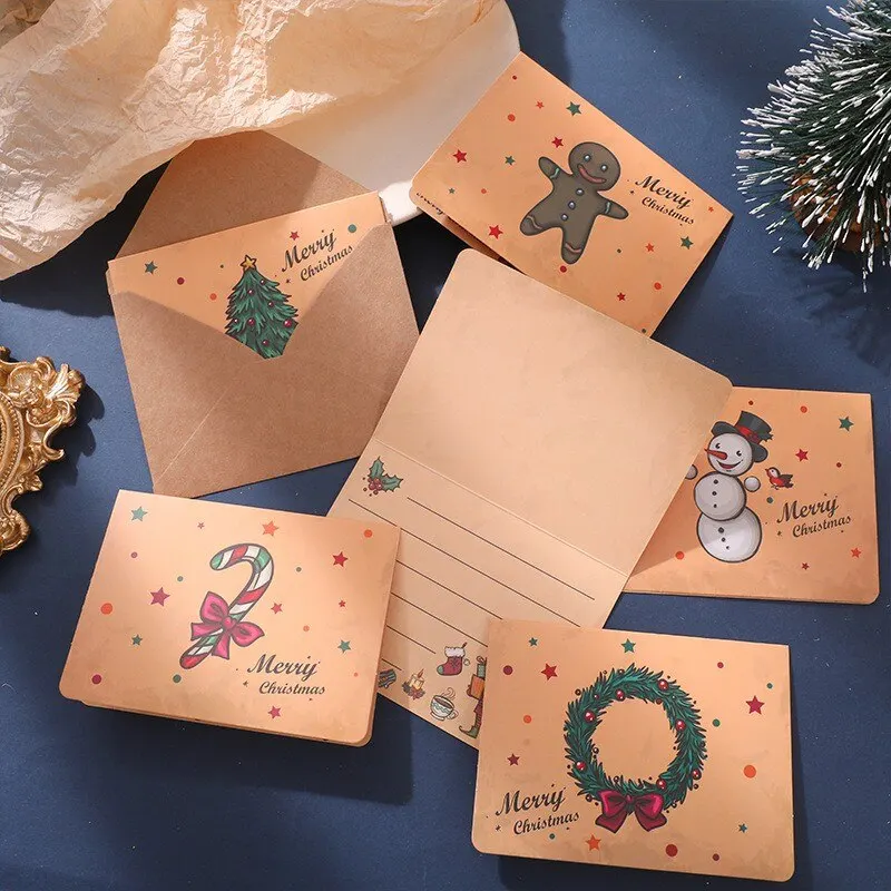 6/9Set Christmas Greeting Cards Santa Claus Snowman Blessings Half-fold Gift Cards Envelopes with Stickers Christmas Decoration