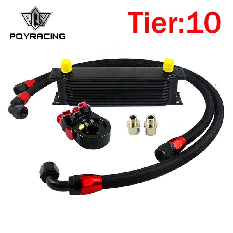 PQY - Universal 10 ROWS OIL COOLER KIT+AN10 Oil Filter Cooler Sandwich Plate Adapter Black+2PCS BRAIDED HOSE LINE