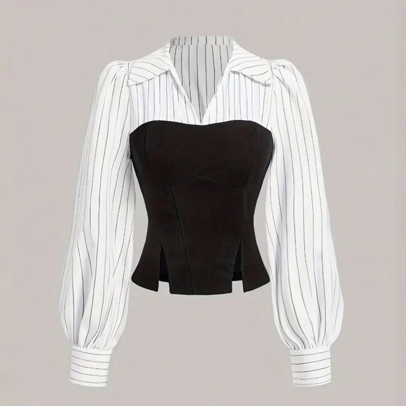 

Women's Fashion Black White Splic Striped Spliced Lapel Shirt Elegant Fashion Shirts Business Casual Office Elegant Temperament