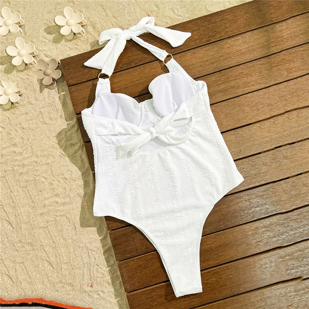 Bandage Halter Knotted Swimwear Sexy Swimsuit Women One Piece 2025 White Embossed Fabric High Cut Bather Backless Bathing Suit